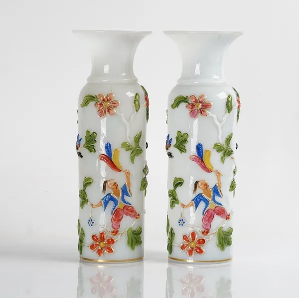 A pair of Continental opaline glass cylindrical vases, probably French or Bohemian, late 19th century, each moulded and enamelled with a chinoiserie...