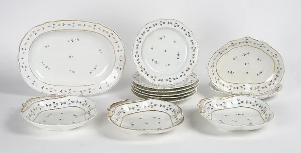 A Bloor Derby part dessert service, circa 1820-30, painted with Angoulême sprigs, comprising;  three shell shaped dishes, 24cm. wide, two heart...