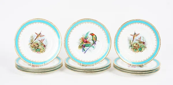 A set of twelve Minton bone china plates, late 19th century, each printed and coloured with birds inside turquoise and gilt borders, painted pattern...