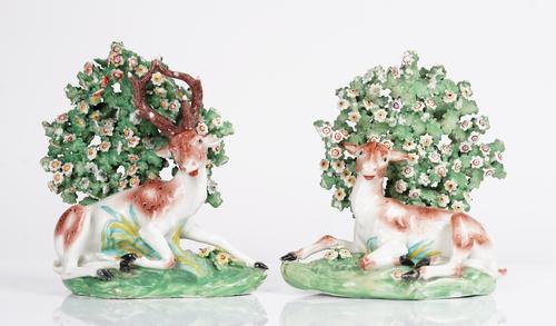 A pair of Derby porcelain figures of a stag and doe (2)