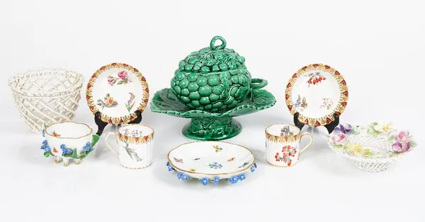 A group of English and Continental ceramics, 19th and 20th century, comprising; a Meissen flower encrusted cup and saucer painted with flowers and...