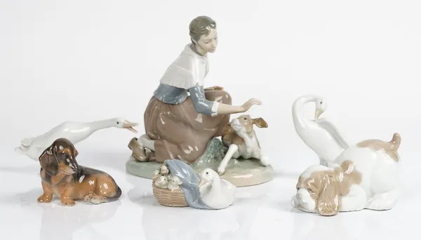 A Lladro group of a milkmaid and calf and five other items (6)