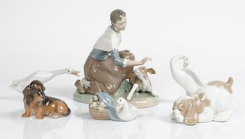 A Lladro group of a milkmaid and calf and five other items (6)