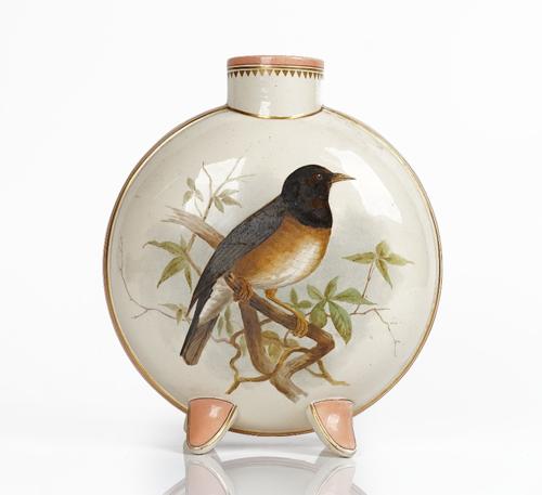 An unusual Pinder, Bourne & Company earthenware moonflask, circa 1870, for the Ceramic & Crystal Palace Art Union, painted on one side with a bird in...