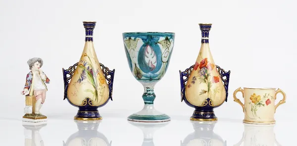 A group of English and Continental ceramics, late 19th and 20th century, comprising; a pair of Royal Worcester slender two-handled vases, circa 1898,...