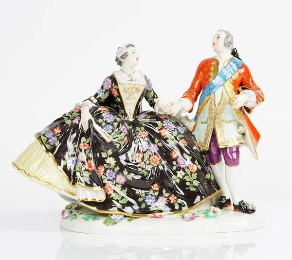A Meissen group of Augustus III and Maria Josepha , early 20th century, after the model by J.J Kaendler, modelled standing holding hands, he with a...