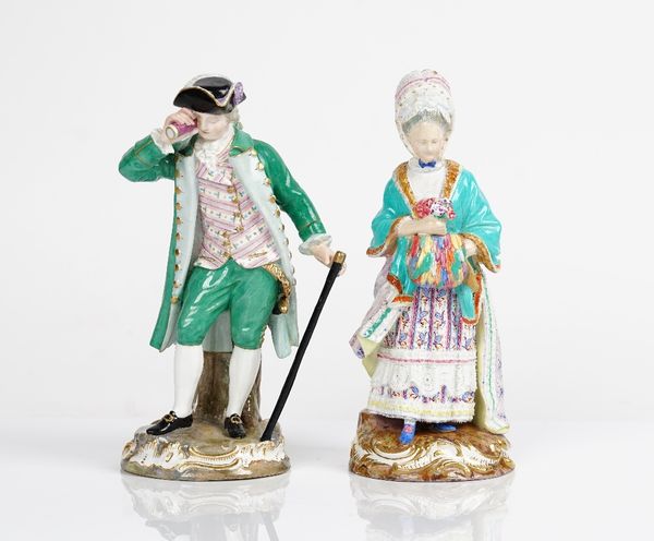 A matched pair of Meissen figures of a gallant and companion, late 19th century, both modelled standing, he looking through a spyglass and holding a...