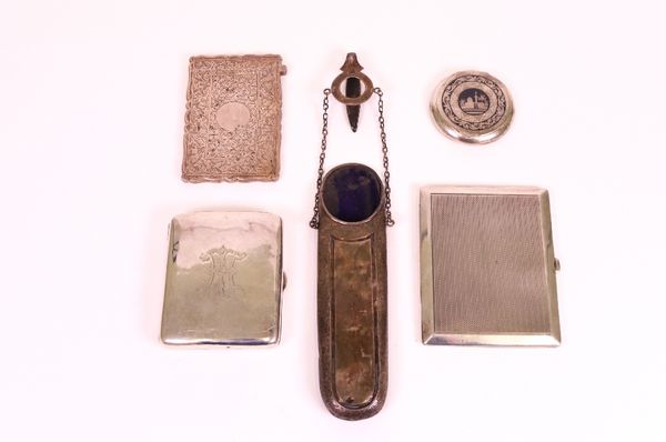 Silver, comprising; a Victorian rectangular visiting card case with engraved decoration, Birmingham 1888, two rectangular cigarette cases, Birmingham...