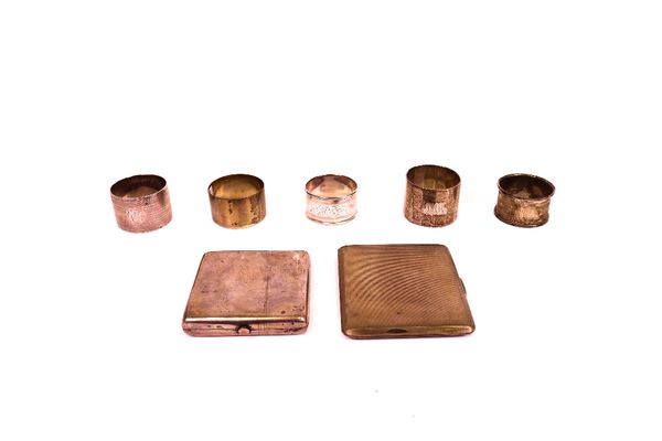 Silver, comprising; two cigarette cases, Birmingham 1913 and Birmingham 1946, a Scottish napkin ring, Edinburgh 1913 and four further napkin rings,...