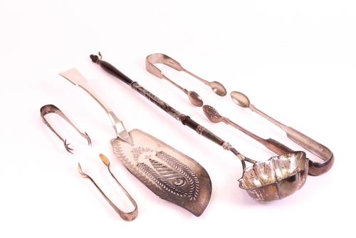 Silver and silver mounted wares, comprising; a toddy ladle, having a shaped oval bowl, a fiddle pattern fish slice, with pierced and engraved...
