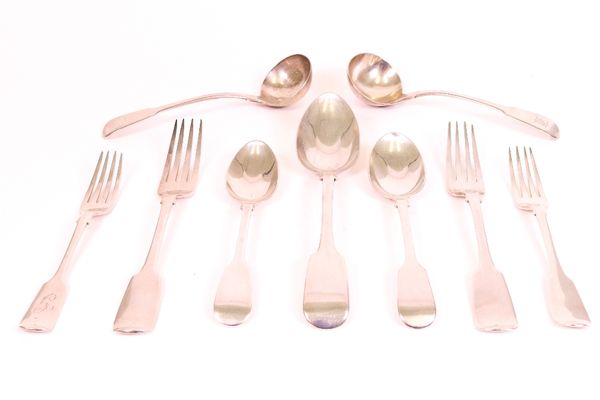 Silver fiddle pattern table flatware, comprising; seven table forks, eleven dessert spoons, seven dessert forks and nine tablespoons and three sauce...