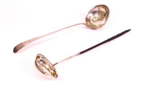 A Scottish silver bottom marked Old English pattern soup ladle, having a decorated border to the back of the bowl, probably Edinburgh 1769, weight...