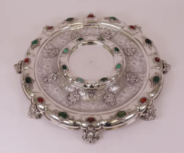 A Continental silver and cabochon varicoloured agate mounted table centrepiece stand, of shaped circular form, with floral motifs, raised on eight...