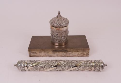 Foreign wares, comprising; a cylindrical scroll holder, probably Asian, with scrolling decoration, length 27.5cm, a cylindrical box and cover,...