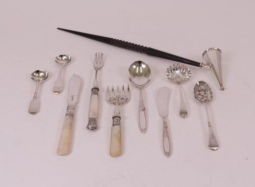 A silver candle snuffing cone with a turned ebony handle, retailed by Mappin & Webb, Birmingham 1985, a group of silver table flatware, comprising; a...