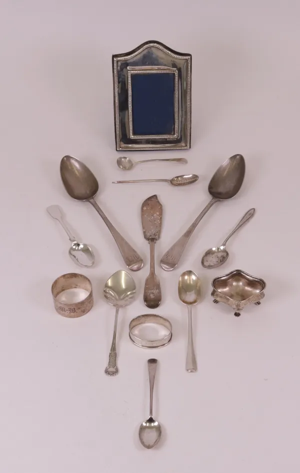 Silver and silver mounted wares, comprising; a pair of Old English pattern tablespoons, a butter knife, a mote spoon, six further spoons, a salt, two...