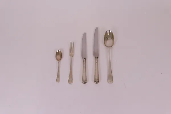 A silver part table service, Hanoverian pattern, comprising; ten table forks, ten dessert forks, ten dessert spoons, ten table spoons and ten...