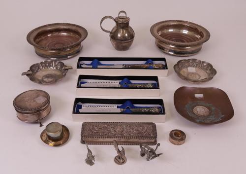 Silver and silver mounted wares, comprising; a late Victorian rectangular hinge lidded box, with scroll embossed decoration, Birmingham 1899, length...