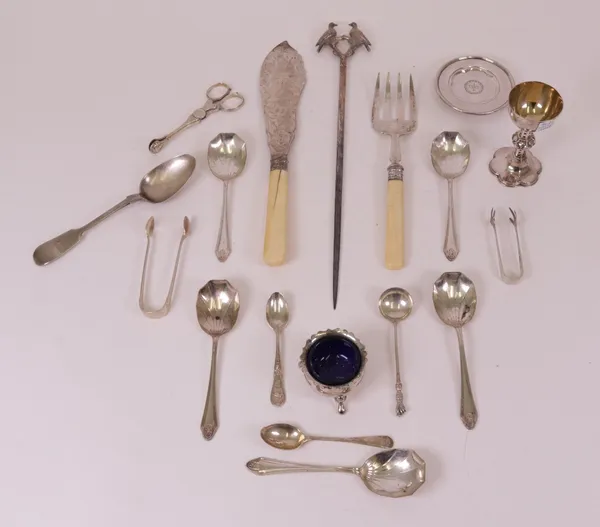 Silver flatware, comprising; a pair of fish servers, a fiddle pattern dessert spoon, a coffee spoon and two pairs of sugar tongs, foreign wares,...