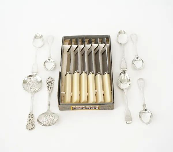 A pair of silver spoons and other flatware, (14).