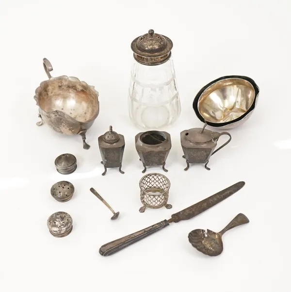A silver mounted caster, an Asian condiment set and further items, (13)