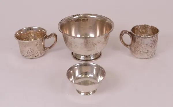 Two Sterling bowls and two Sterling mugs, American 20th century, comprising;