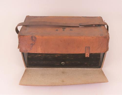 A Victorian silver mounted travelling toilet set, the brass mounted coromandel wood rectangular hinge lidded box, opening to reveal eleven silver...