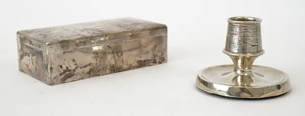 A silver rectangular table cigarette box and a match stand, (2)