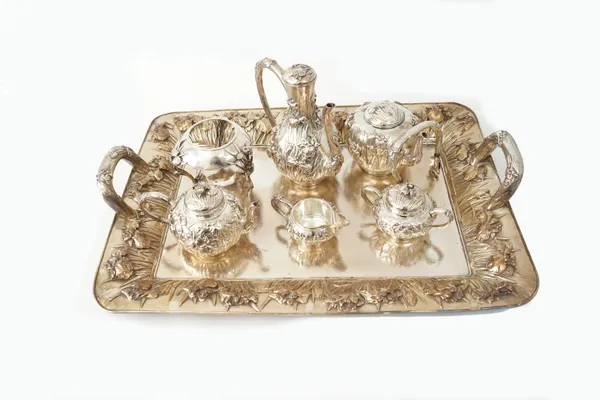 A Japanese five piece tea and coffee set and a rectangular tray, (5).