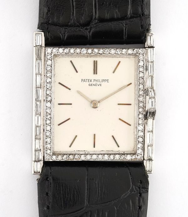 A Patek Philippe, Geneve, diamond set rectangular cased wristwatch