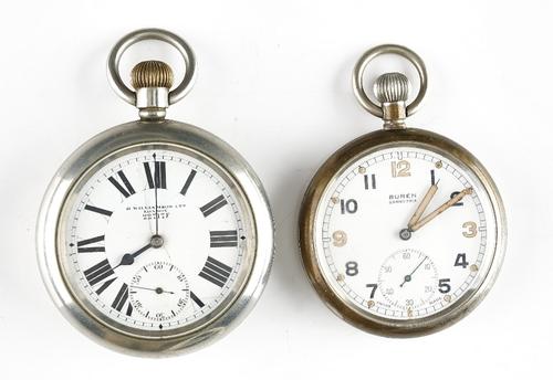 A Buren Grand Prix M.O.D issue, keyless wind, openfaced base metal cased gentleman's pocket watch, with a signed jewelled lever movement, numbered...
