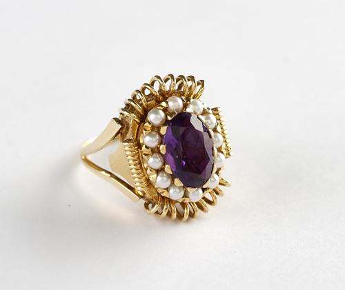 An Emka, Geneve gold, amethyst and cultured pearl lady's ring watch.