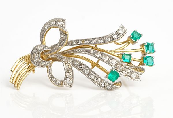 An 18ct gold, diamond and emerald brooch, designed as a spray, mounted with five square cut emeralds and with circular cut diamonds, gross weight 7.7...