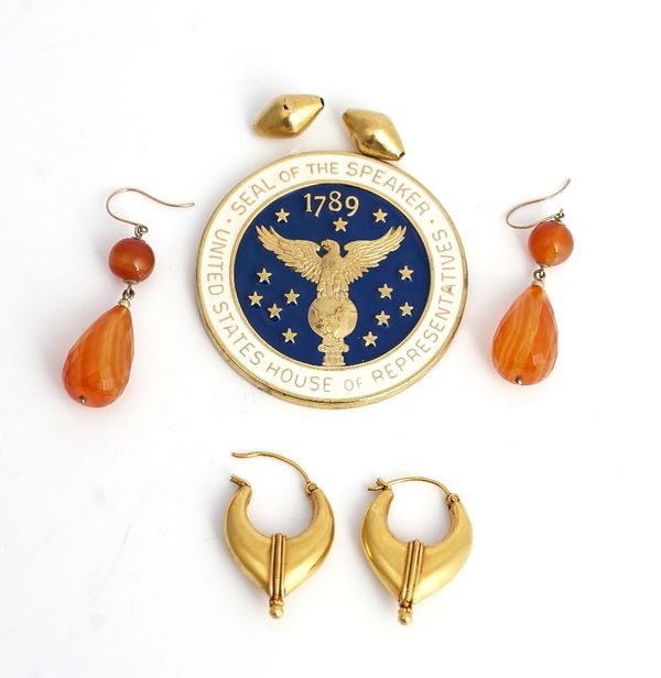 A pair of gold earrings, each in a classical design, with applied decoration, a pair of cornelian drop shaped earrings, the tops with wire fittings,...