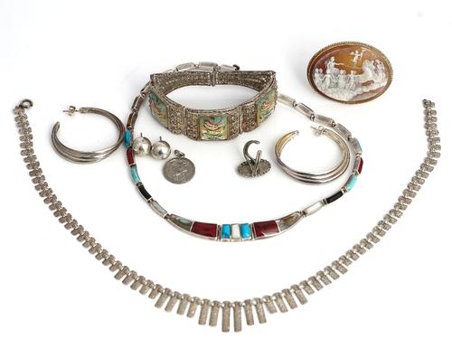 A 9ct gold mounted oval shell cameo brooch, carved as a classical chariot scene with a cherub, Birmingham 1984, a filigree and mother-of-pearl panel...