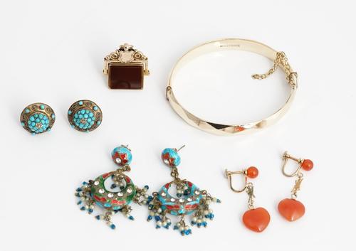 A pair of turquoise and rose diamond earrings, of circular form, each mounted with a central diamond, in a turquoise set surround, with later...