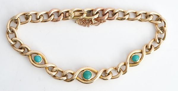 A gold and turquoise set curb link bracelet, on a snap clasp, detailed 15 CT, fitted with a safety chain, circa 1910, gross weight 12.2.gms.