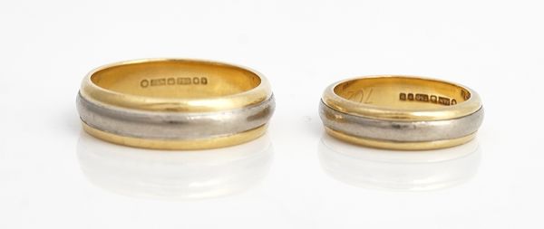 A pair of 18ct two colour gold wedding rings, each of triple band design, London 1998, the largest ring size T and a half, weight 8.7 gms, the...