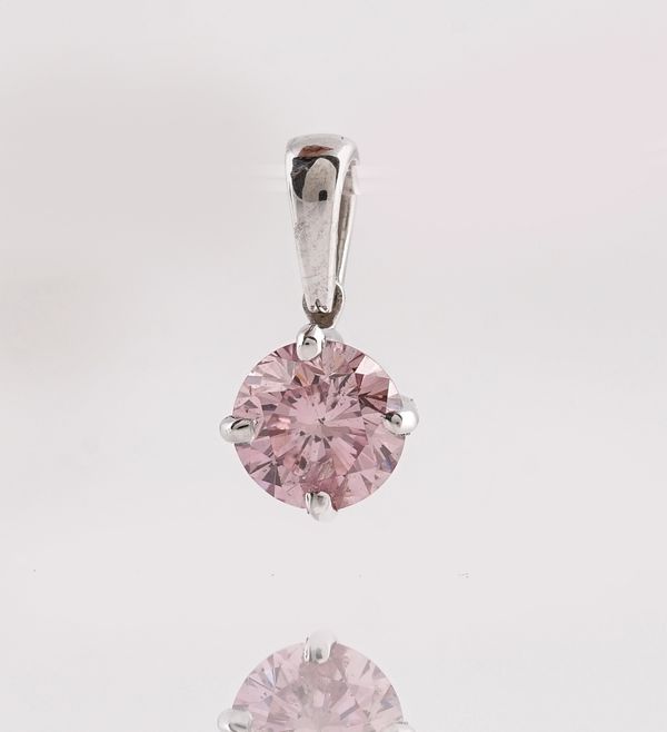 A white gold pendant, claw set with a circular cut fancy intense purplish/pink round brilliant cut diamond, with a G.I.A Coloured Diamond Grading...