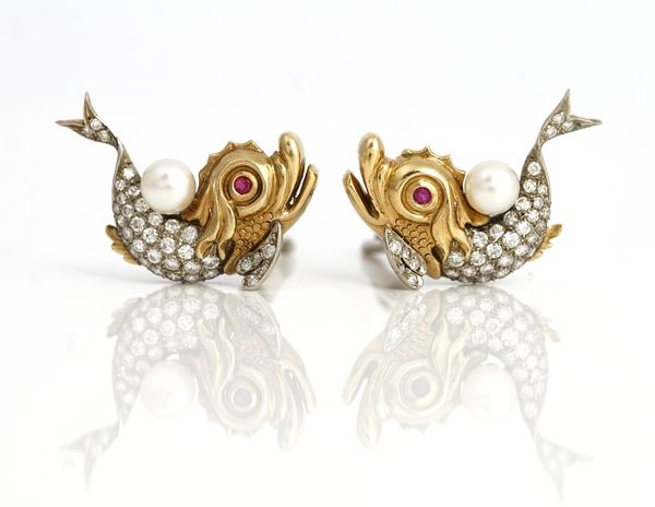 A pair of ruby, cultured pearl and diamond-set earclips, Designed as exotic fish, set throughout with circular-cut diamonds, gross weight 12gms