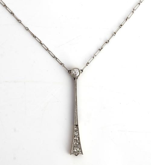 A diamond set pendant necklace fitting, the pendant top mounted with a cushion shaped diamond above a row of five tapered rose diamonds (the...