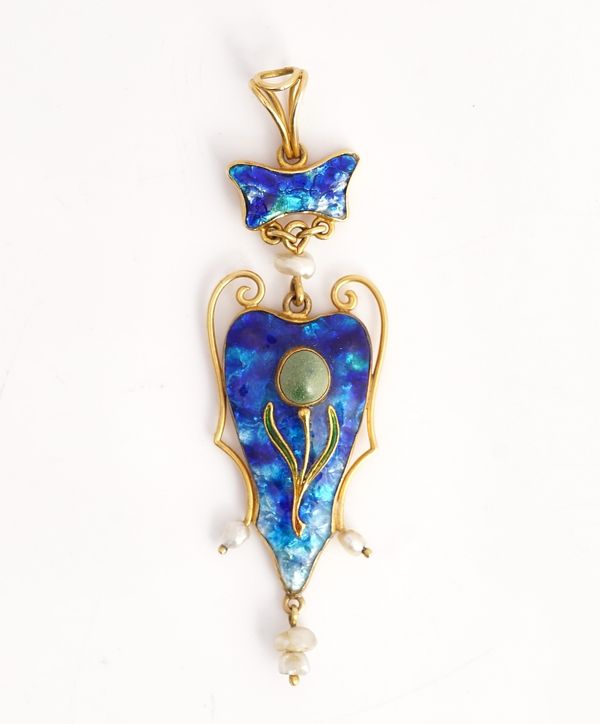 A gold, turquoise, freshwater pearl and enamelled Art Nouveau pendant, the centre with a floral spray motif, on a blue enamelled ground, within a...