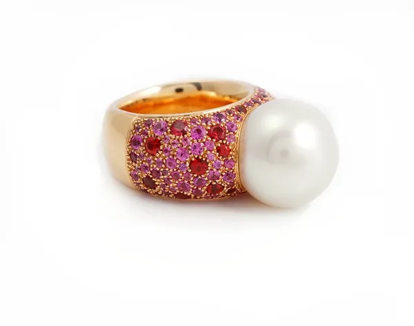 A gold, South Sea cultured pearl, ruby and pink sapphire ring
