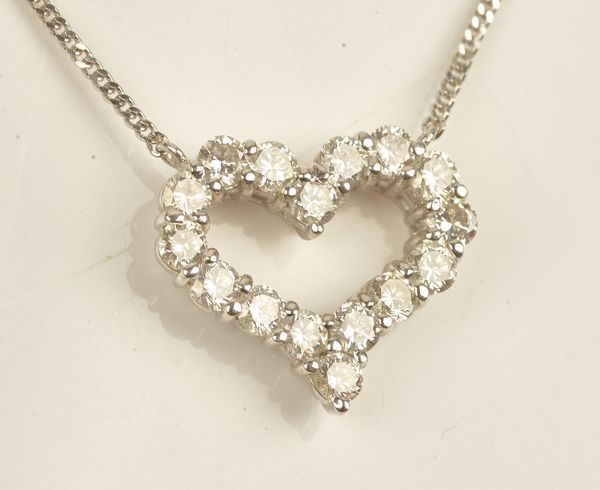 A white gold and diamond set pendant necklace, in an open heart shaped design, mounted with circular cut diamonds on a white gold neckchain,
