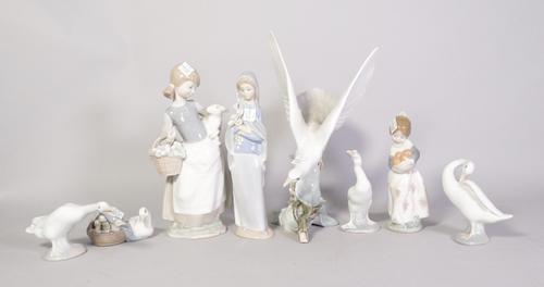 A collection of eight Lladro figures, including five of birds and ducks (8)