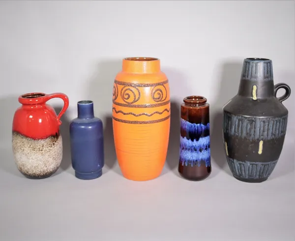 A group of five mid-20th century west German pottery vases, the largest 39cm tall (5)