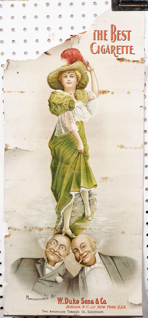 Smoking memorabilia; an early 20th century cigarette advertising poster, 68cm x 30.5cm (a.f)