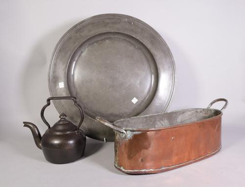 Metalware including a 19th century copper twin handled pan of ovoid form, 47cm wide; 15cm high,