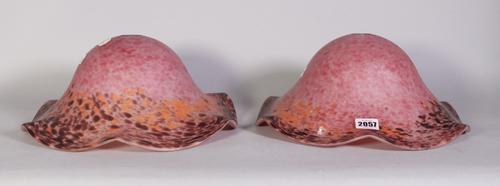 A pair of early 20th century pink frosted glass lamp shades, 32cm wide (2)
