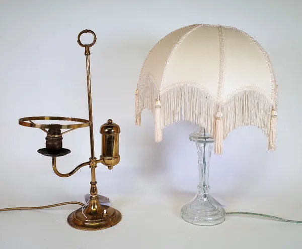 A 20th century brass table lamp in the style of an oil lamp and another glass table lamp (2)
